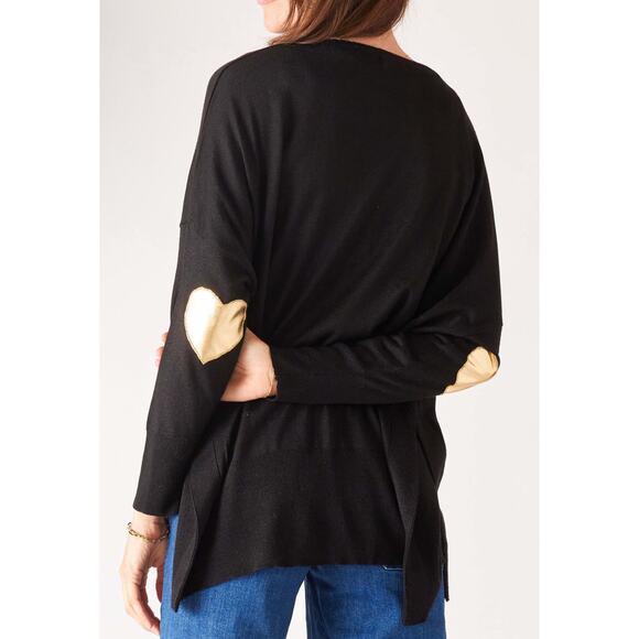 NWT Mersea Knit Gold Heart Patches Relaxed Oversized Step Hem Sweater One Size - Picture 2 of 7